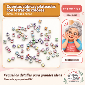 DB013-112 Cuentas cúbicas plateadas con letras de colores – 6 × 6 mm – 13 g