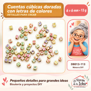 DB013-113 Cuentas cúbicas doradas con letras de colores – 6 × 6 mm – 13 g