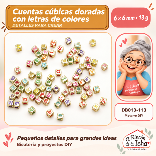 Cuentas cúbicas doradas con letras de colores – 6 × 6 mm – 13 g