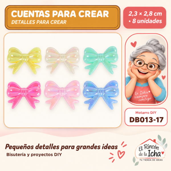 Cuentas irisadas – Lazos con cintas – 2,3 × 2,8 cm – 8 unidades