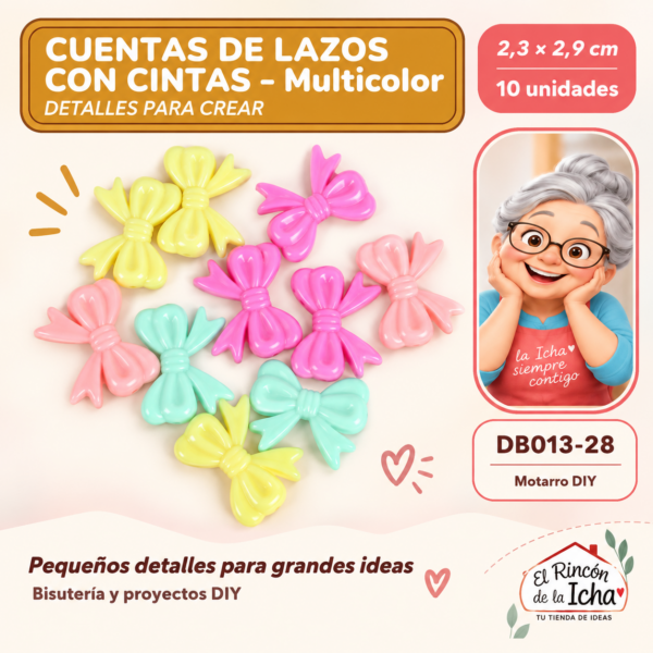 Cuentas de lazos con cintas – Multicolor – 2,3 × 2,9 cm – 10 unidades