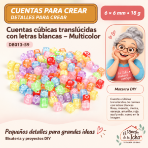 DB013-59 Cuentas cúbicas translúcidas con letras blancas – Multicolor – 6 × 6 mm – 18 g
