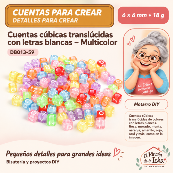 Cuentas cúbicas translúcidas con letras blancas – Multicolor – 6 × 6 mm – 18 g