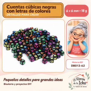 DB013-62 Cuentas cúbicas negras con letras de colores – 6 × 6 mm – 18 g