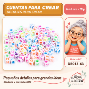 DB013-63 Cuentas cúbicas blancas con letras de colores – 6 × 6 mm – 18 g