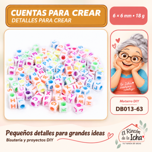 Cuentas cúbicas blancas con letras de colores – 6 × 6 mm – 18 g