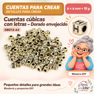 DB013-64 Cuentas cúbicas con letras – Dorado envejecido – 6 × 6 mm – 18 g