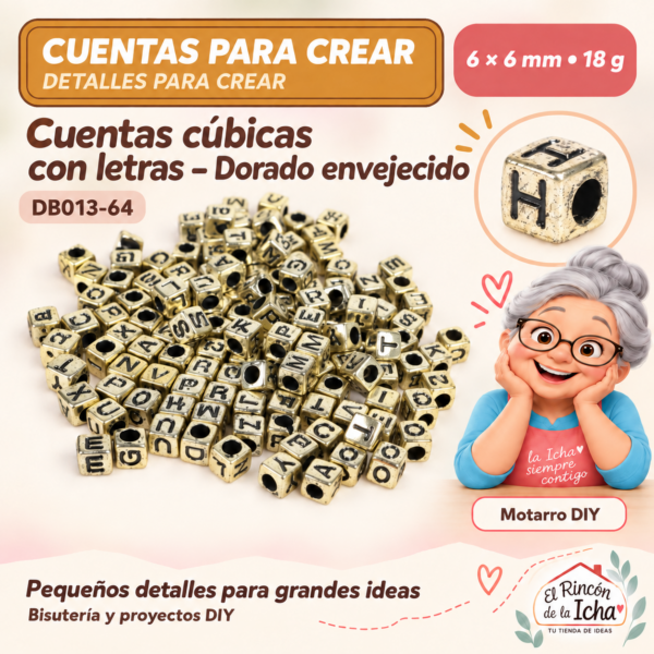 Cuentas cúbicas con letras – Dorado envejecido – 6 × 6 mm – 18 g