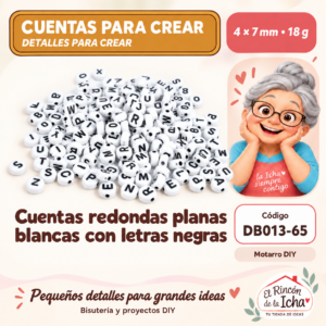 DB013-65 Cuentas redondas planas blancas con letras negras – 4 × 7 mm – 18 g