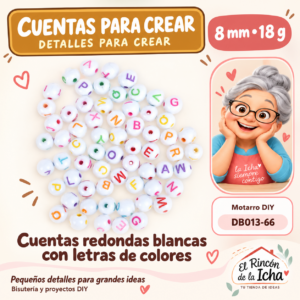 DB013-66 Cuentas redondas blancas con letras de colores – 8 mm – 18 g