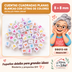 DB013-68 Cuentas cuadradas planas blancas con letras de colores – 8 × 8 mm