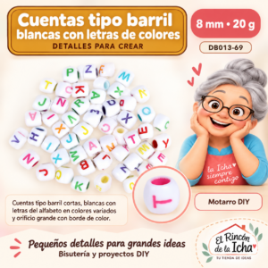 DB013-69 Cuentas tipo barril blancas con letras de colores – 8 mm – 20 g