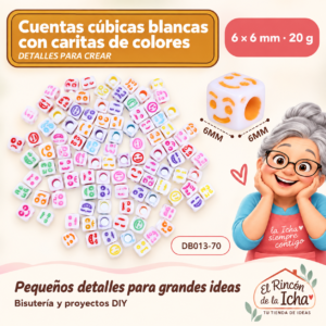 DB013-70 Cuentas cúbicas blancas con caritas de colores – 6 × 6 mm – 20 g