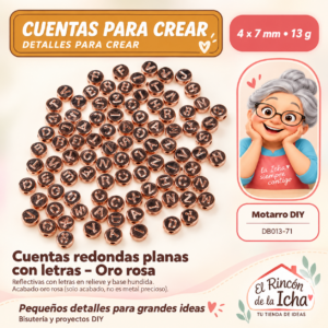DB013-71 Cuentas redondas planas con letras – Oro rosa – 4 × 7 mm – 13 g