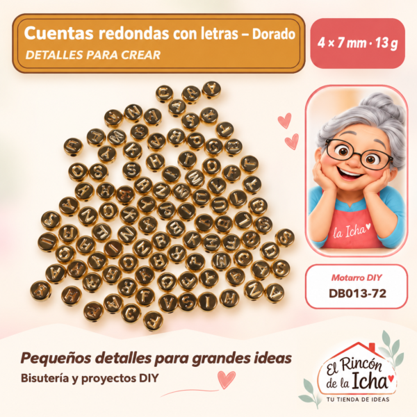 Cuentas redondas con letras – Dorado – 4 × 7 mm – 13 g