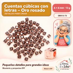 DB013-73 Cuentas cúbicas con letras – Oro rosado – 6 × 6 mm – 13 g