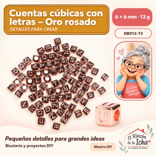 Cuentas cúbicas con letras – Oro rosado – 6 × 6 mm – 13 g