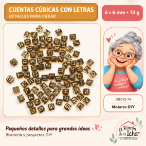 DB013-74 Cuentas cúbicas con letras – Dorado brillante – 6 × 6 mm – 13 g