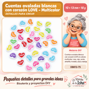 DB013-75 Cuentas ovaladas blancas con corazones LOVE de colores – 10 × 13 mm – 18 g