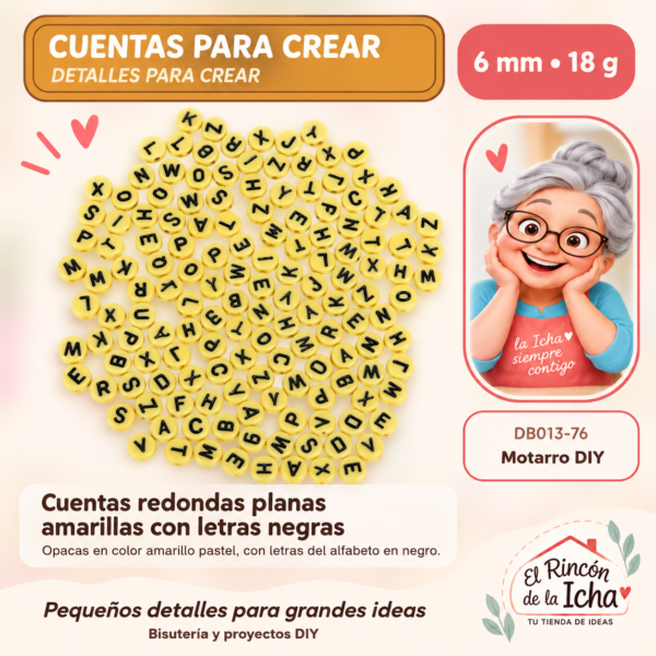 Cuentas redondas planas amarillas con letras negras – 6 mm – 18 g