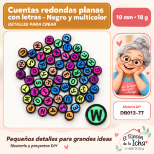 DB013-77 Cuentas redondas planas con letras – Negro y multicolor – 10 mm – 18 g