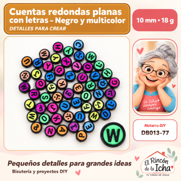 Cuentas redondas planas con letras – Negro y multicolor – 10 mm – 18 g