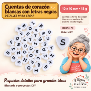 DB013-78 Cuentas de corazón blancas con letras negras – 10 × 10 mm – 18 g