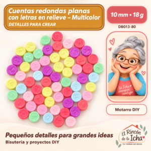 DB013-80 Cuentas redondas planas con letras en relieve – Multicolor – 10 mm – 18 g