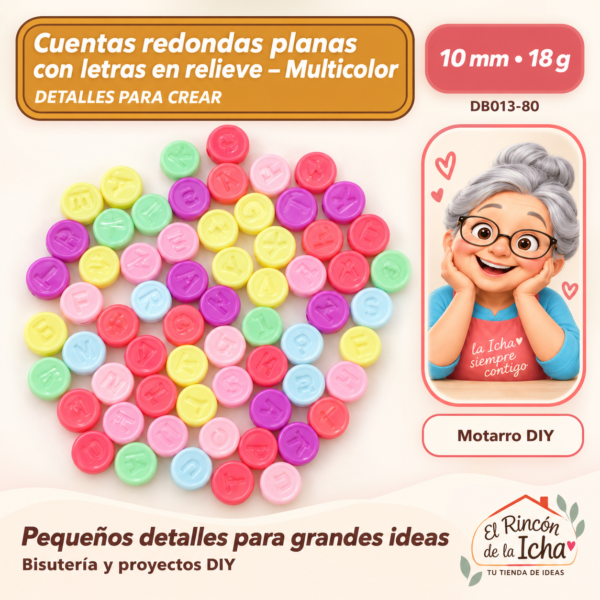 Cuentas redondas planas con letras en relieve – Multicolor – 10 mm – 18 g