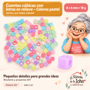 DB013-81 Cuentas cúbicas con letras en relieve – Colores pastel – 6 × 6 mm – 18 g