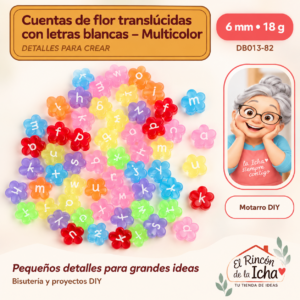 DB013-82 Cuentas de flor translúcidas con letras blancas – Multicolor – 6 mm – 18 g
