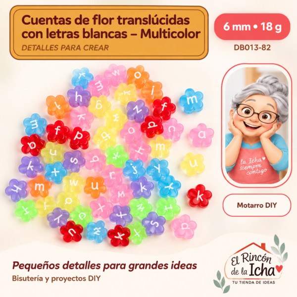 Cuentas de flor translúcidas con letras blancas – Multicolor – 6 mm – 18 g