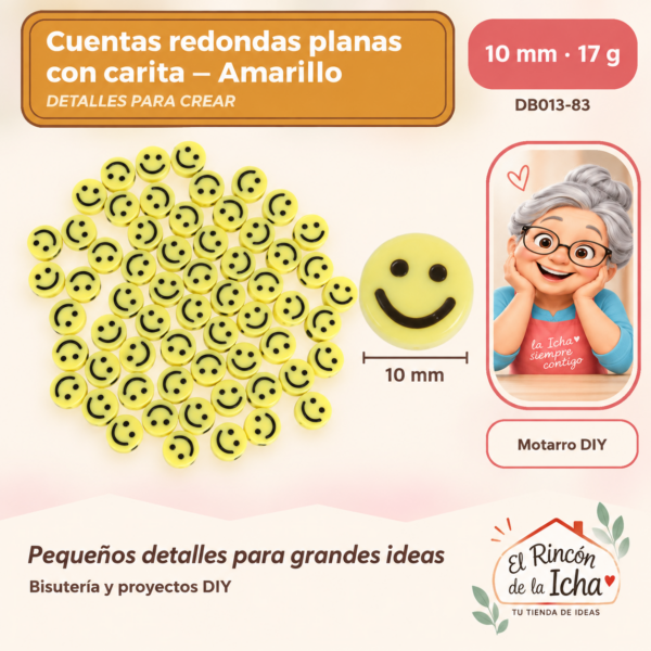 Cuentas redondas planas con carita – Amarillo – 10 mm – 17 g