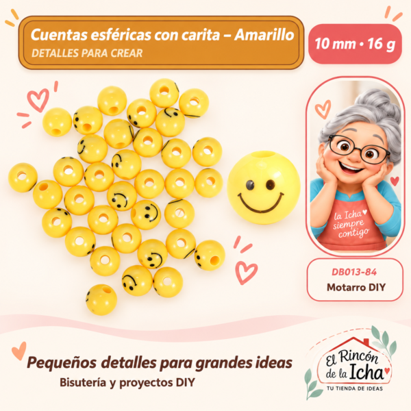 Cuentas esféricas con carita – Amarillo – 10 mm – 16 g