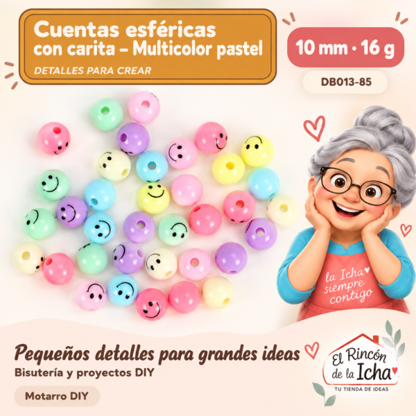 Cuentas esféricas con carita – Multicolor pastel – 10 mm – 16 g