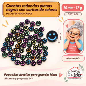 DB013-86 Cuentas redondas planas negras con caritas de colores – 10 mm – 17 g