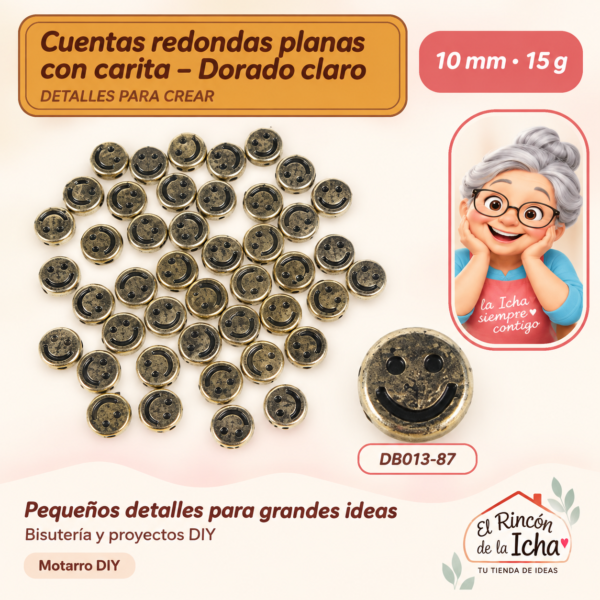 Cuentas redondas planas con carita – Dorado claro – 10 mm – 15 g