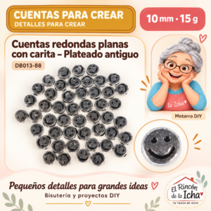 DB013-88 Cuentas redondas planas con carita – Plateado antiguo – 10 mm – 15 g