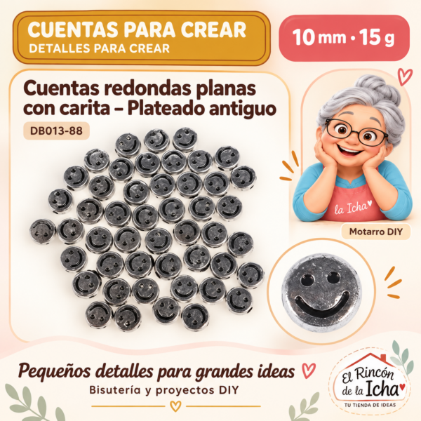 Cuentas redondas planas con carita – Plateado antiguo – 10 mm – 15 g