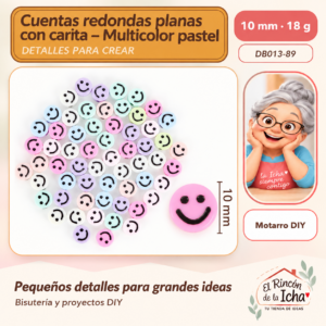 DB013-89 Cuentas redondas planas con carita – Multicolor pastel – 10 mm – 18 g