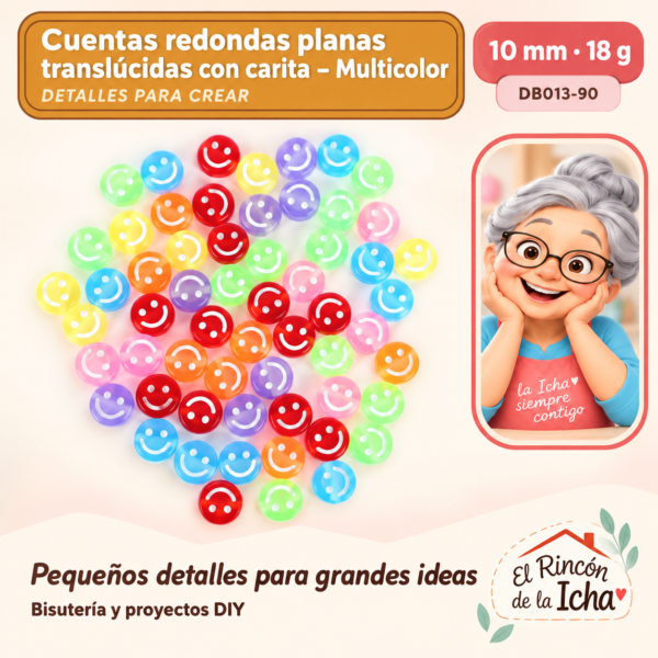 Cuentas redondas planas translúcidas con carita – Multicolor – 10 mm – 18 g