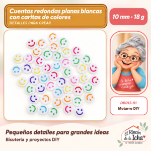 DB013-91 Cuentas redondas planas blancas con caritas de colores – 10 mm – 18 g