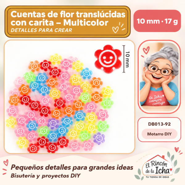 Cuentas de flor translúcidas con carita – Multicolor – 10 mm – 17 g
