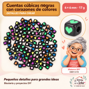 DB013-93 Cuentas cúbicas negras con corazones de colores – 6 × 6 mm – 17 g