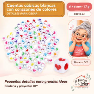 DB013-94 Cuentas cúbicas blancas con corazones de colores – 6 × 6 mm – 17 g