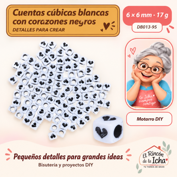 Cuentas cúbicas blancas con corazones negros – 6 × 6 mm – 17 g