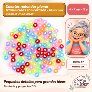 DB013-97 Cuentas redondas planas translúcidas con corazón – Multicolor – 4 × 7 mm – 17 g