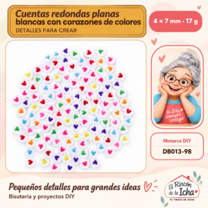 DB013-98 Cuentas redondas planas blancas con corazones de colores – 4 × 7 mm – 17 g