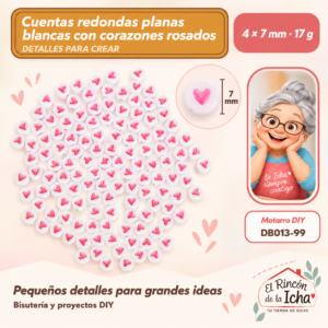 DB013-99 Cuentas redondas planas blancas con corazones rosados – 4 × 7 mm – 17 g