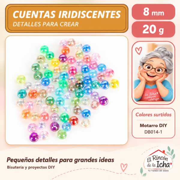 DB014-1 Cuentas redondas iridiscentes – Colores surtidos – 8 mm – 20 g